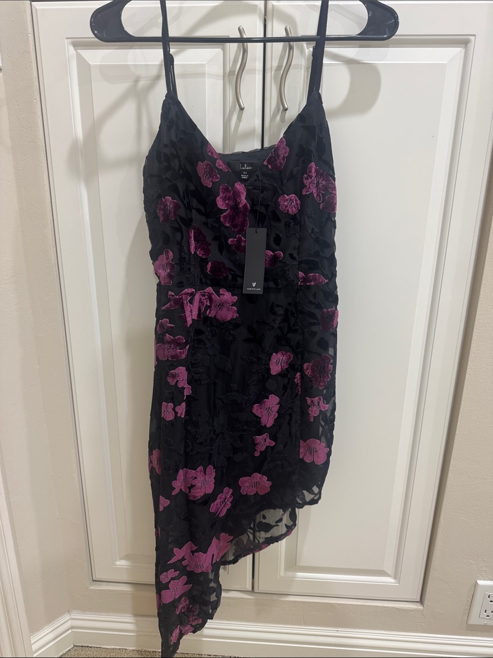 Black Slip Dress with Magenta Floral Velvet- Lulus (new with tag)